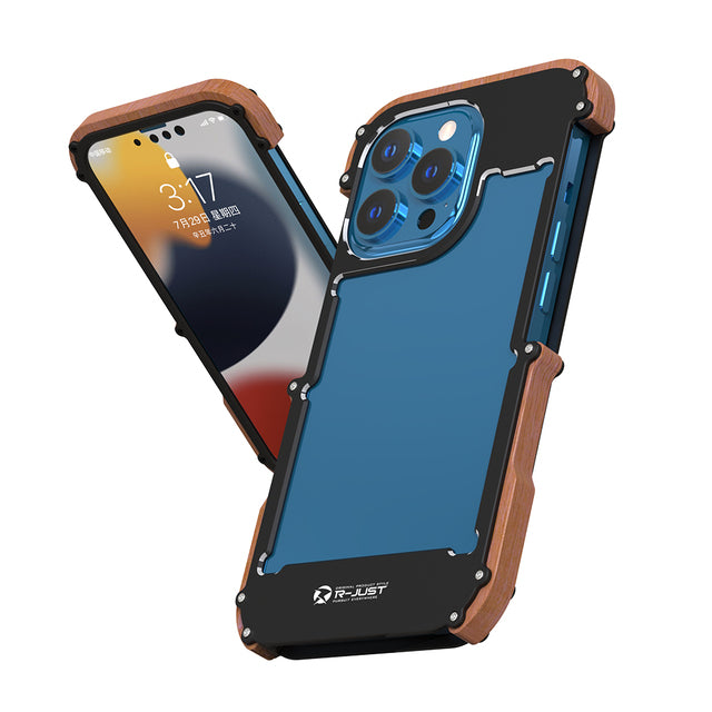 R-Just Aluminium Natural Wood Anti Shock Bumper Case - iPhone