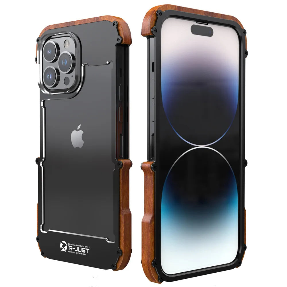 iPhone 15 Series R-Just Aluminium Natural Wood Anti Shock Bumper Case